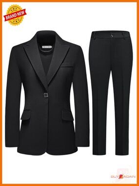 2 Piece Pantsuit Set with Notch Lapel Blazer - Office Professional